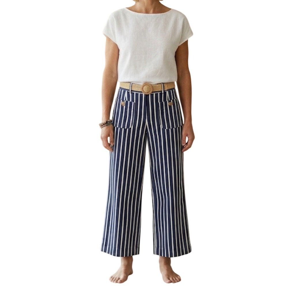 Jules & Leopold Navy Blue White Striped Wide Leg Crop Pants Large